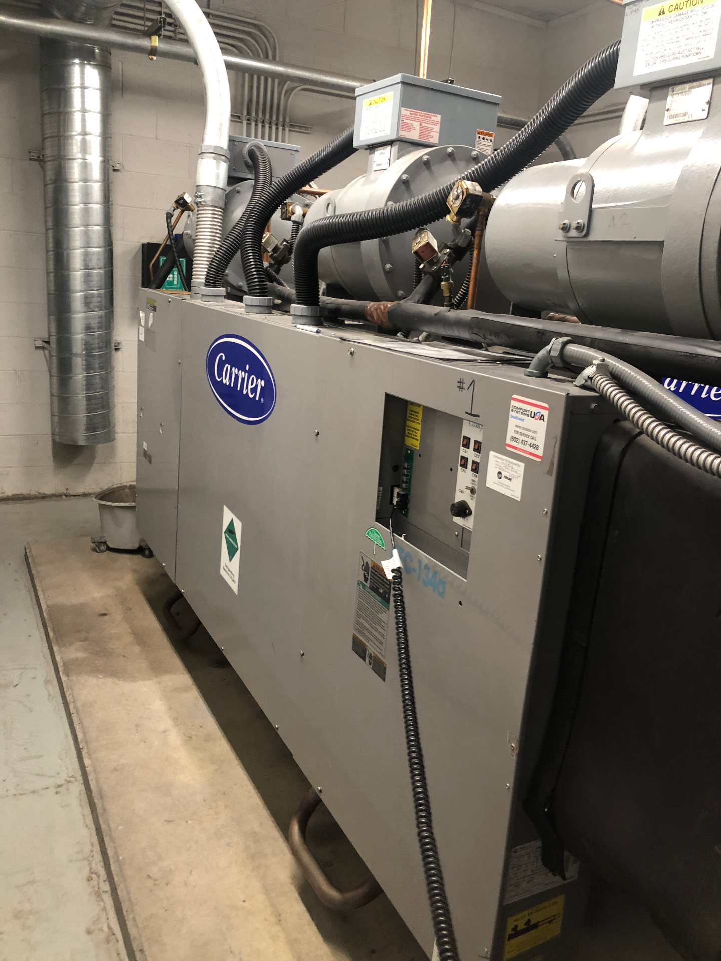 Commercial Carrier chiller in a mechanical room
