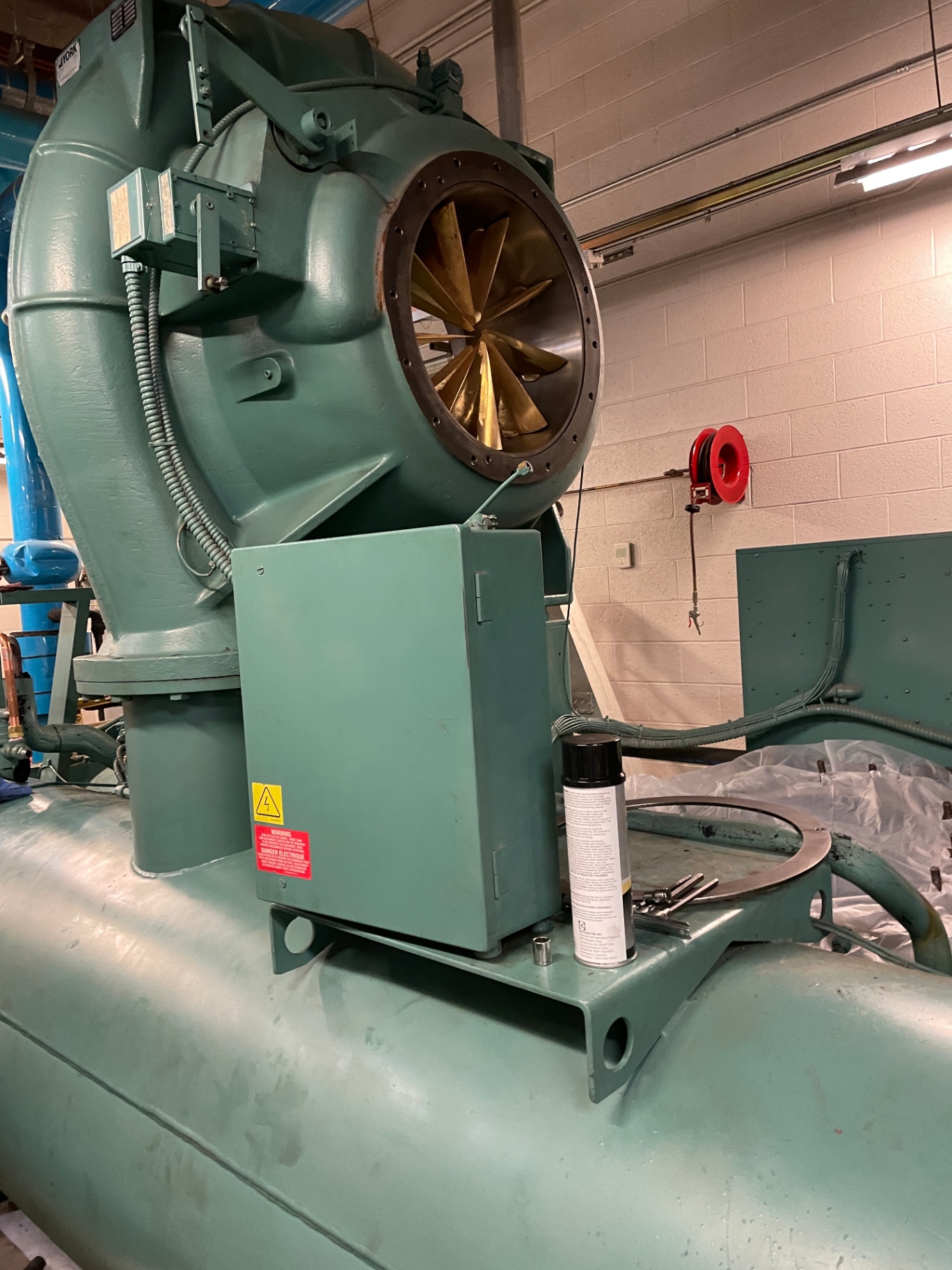 Bronze impeller and inlet guide vanes exposed on a York centrifugal chiller