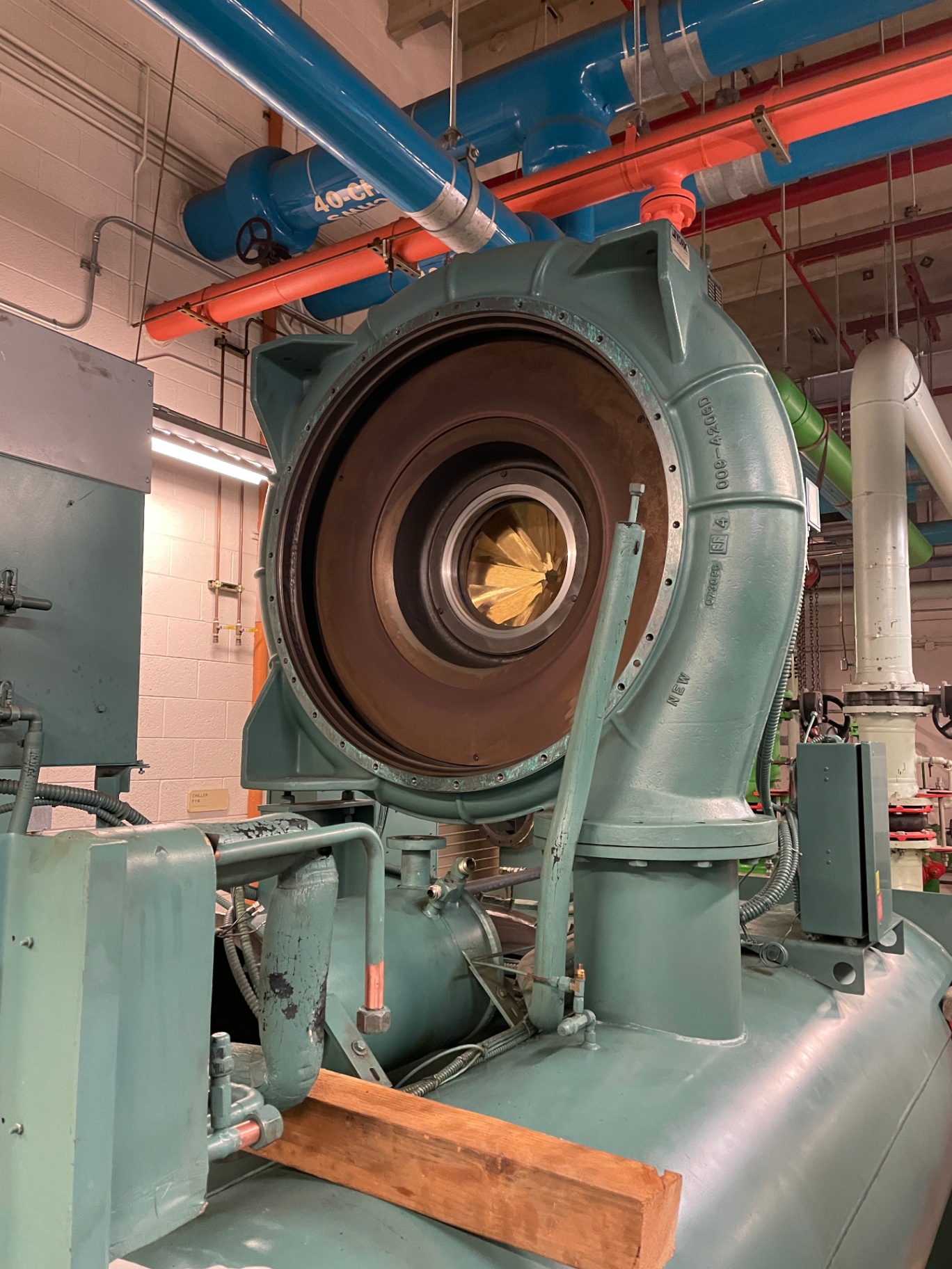 York centrifugal chiller with compressor housing open during teardown